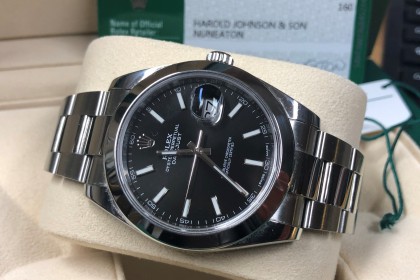 Modern Rolex 126300 Datejust, black baton dial, box & papers
