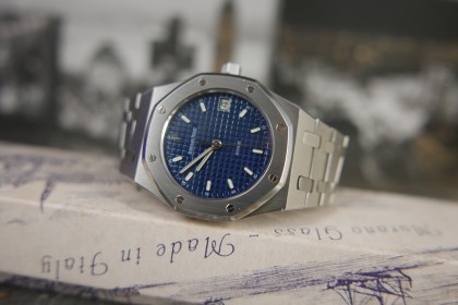 Modern Audemars Piguet 14790ST Royal Oak with blue dial and box & papers. Beautiful set